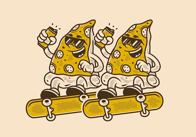 Vecteur illustration rétro d'un personnage de pizza sautant sur un skateboard