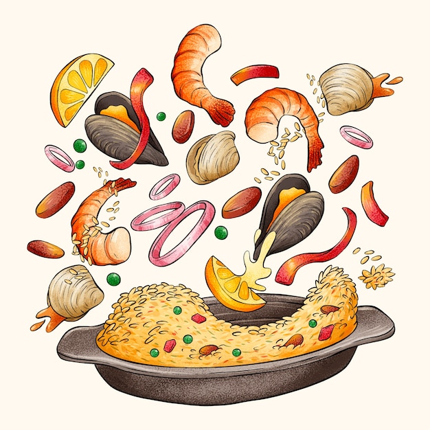 Illustration de riz et de fruits de mer dessinés à la main