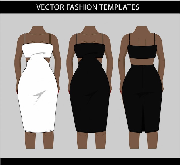 Vecteur illustration de la robe midi avant et arrière, modèle de croquis plat de mode