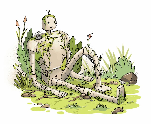 Illustration d'un robot envahi abandonné sur l'herbe