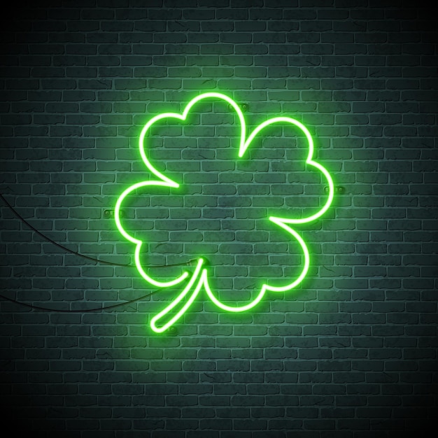 Illustration de la Saint Patrick avec des néons en forme de trèfle rougeoyant sur fond de mur de briques