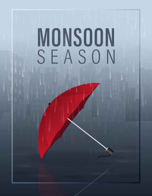 Illustration De La Saison De La Mousson Avec Parapluie Rouge Sur La Pluie Dans La Ville Au Fond De La Nuit