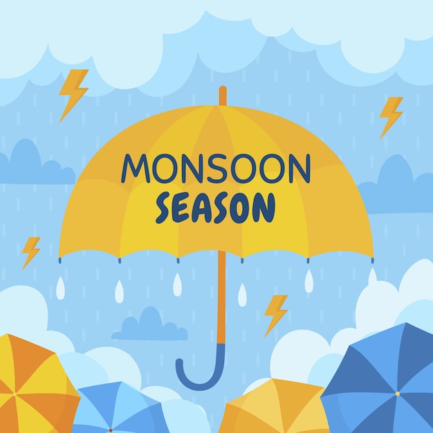 Vecteur illustration de la saison de la mousson plate avec parapluie et orage