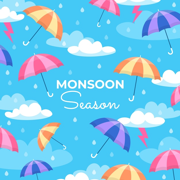 Illustration De La Saison De La Mousson Plate Avec Des Parapluies