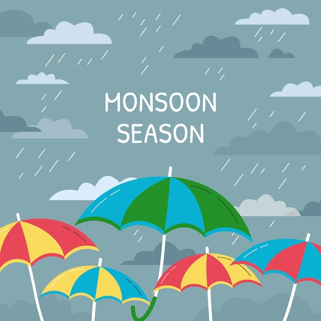 Illustration De La Saison De La Mousson Plate Avec Des Parapluies