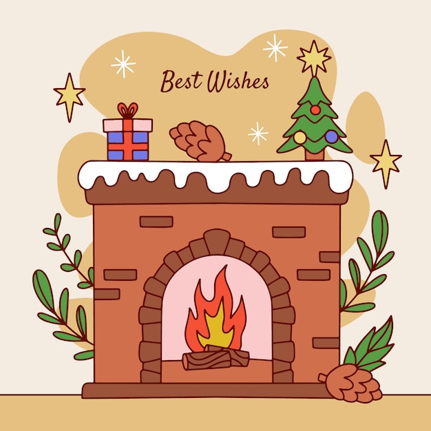 Illustration de saison de Noël dessinée à la main avec cheminée
