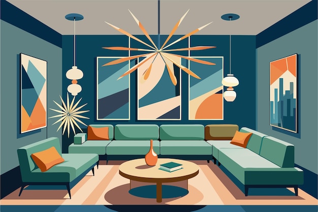 Vecteur une illustration de salon moderne stylisée avec un grand canapé de section bleu et vert tapis de zone géométrique art mural abstrait chandelier starburst et plantes d'intérieur