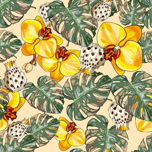 Vecteur illustration sans couture de feuilles tropicales d'ananas, d'orchidées, de fleurs de citron sur le fond, motif de fruit