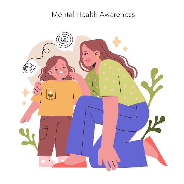 Illustration de sensibilisation à la santé mentale mère réconforte l'enfant favorisant le bien-être émotionnel et le soutien