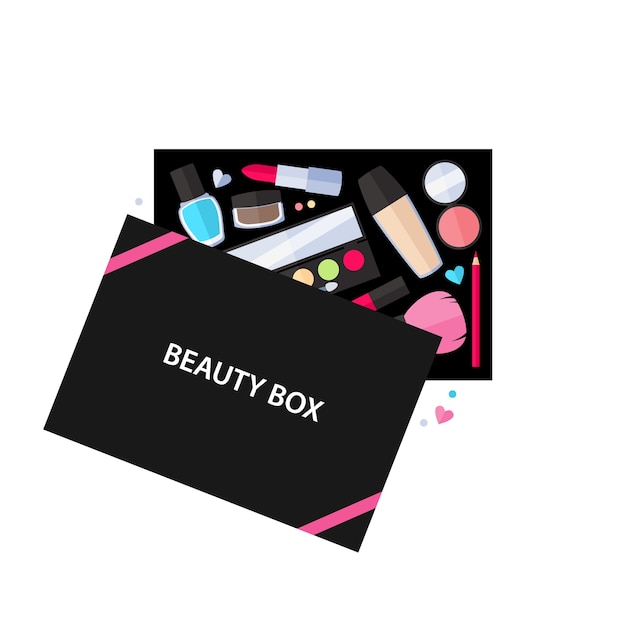 Vecteur illustration de service de cosmétiques de boîte de beauté. maquillage des accessoires de beauté.