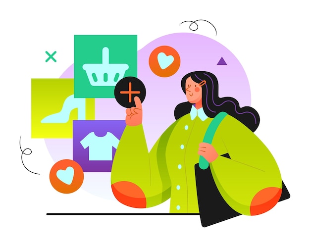 Illustration De Shopping En Ligne Avec Une Femme Et Des Icônes De Shopping