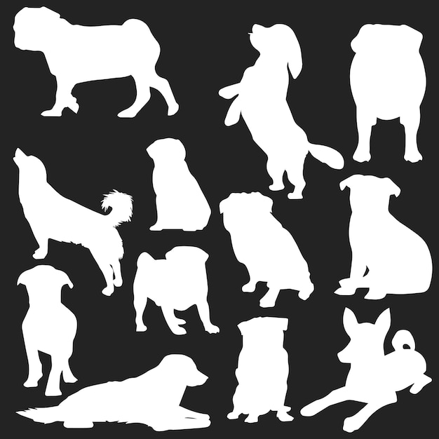 Illustration de silhouette de collection de chiens et chiots mignons de différentes races dans un style plat à la mode