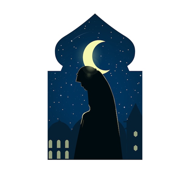 Illustration De La Silhouette De Femme Faisant Shalat Dans Le Mois Sacré Du Ramadan. Kareem Ramadan. Iftar. Jeûne. Style Plat Isolé Sur Fond Blanc. Pèlerinage Musulman (hajj)