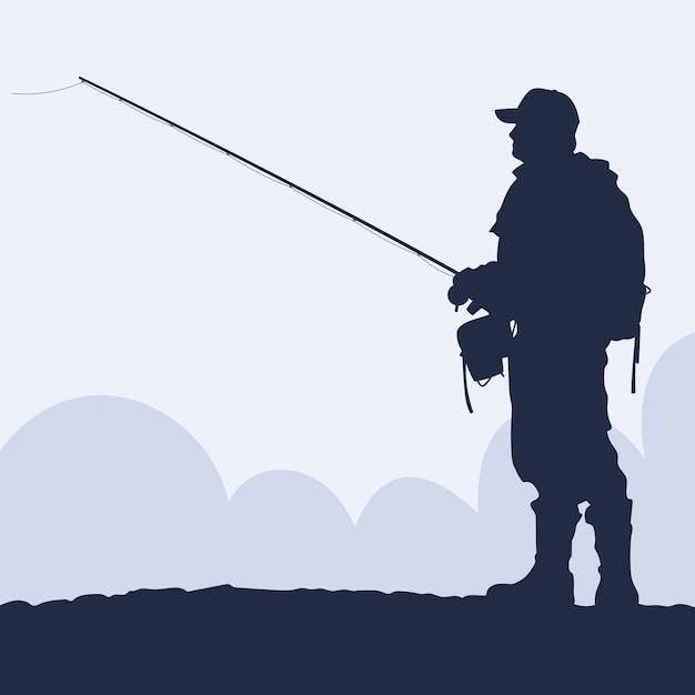 Vecteur illustration de silhouette de pêcheur à la mouche dessinée à la main