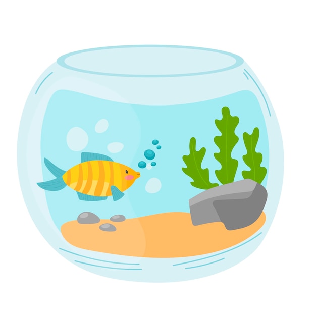 Vecteur illustration de silhouette de poisson d'or d'aquarium de vecteur avec des algues et des bulles d'eau animal marin d'aquarium plat de dessin animé coloré pour votre conception