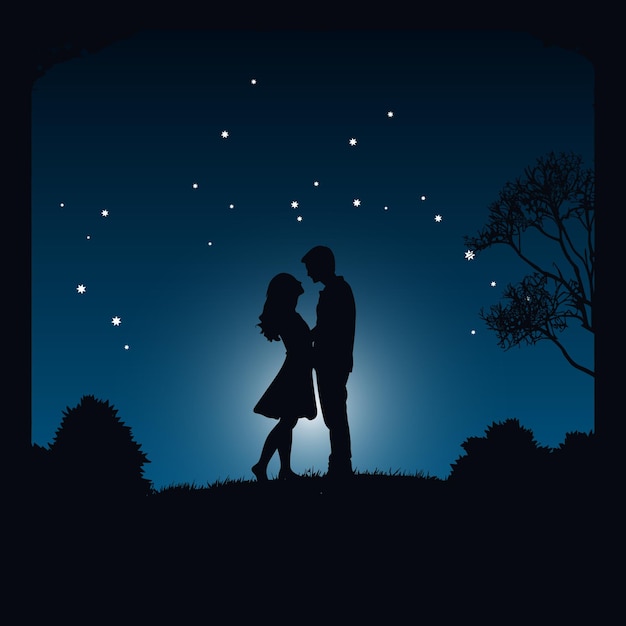 Vecteur illustration de silhouette rêveuse et romantique d'un couple sous le ciel nocturne capturant des moments d'amour