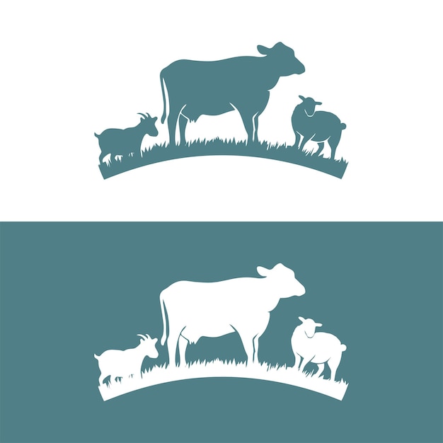 Vecteur illustration de la silhouette vectorielle de la vache, du mouton et de la chèvre sur le logo du groupe d'élevage d'animaux d'herbe