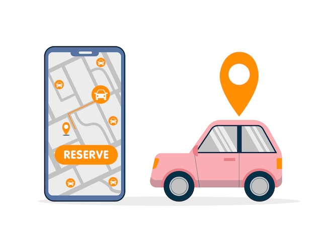 Illustration simple de partage de voiture avec grand smartphone avec carte de recherche et de réservation de voiture gratuite et voiture rose dans un style plat