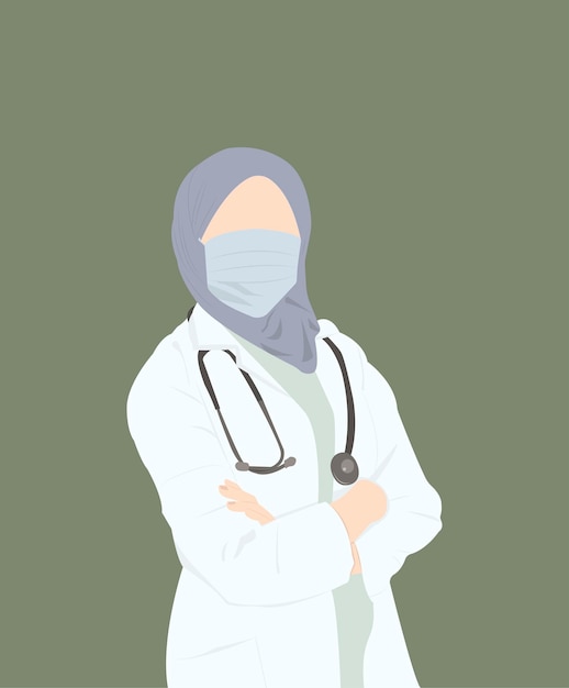 Illustration Simple Et Plate Avec Un Médecin Musulman Avec Un Foulard Musulman Sur Fond Vert