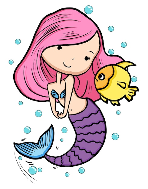 Vecteur illustration de sirène mignonne dessinée à la main avec créature marine. mignonne petite sirène.