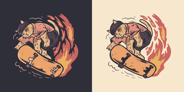 Vecteur illustration de skateboard chat mignon rétro