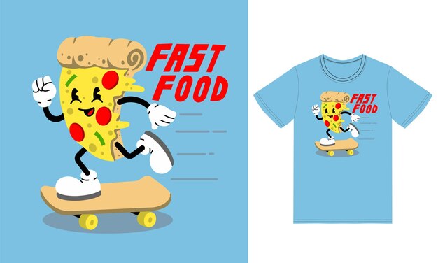 Vecteur illustration de skateboarding de pizza de mascotte mignonne avec un vecteur premium de conception de t-shirt