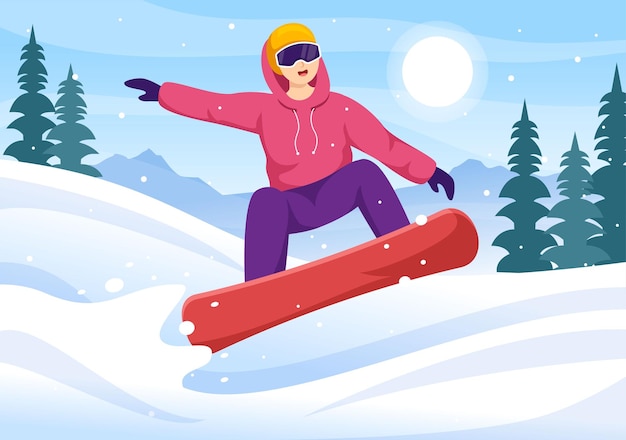 Illustration De Snowboard Avec Des Personnes Glissant Et Sautant Sur Le Flanc De La Montagne Enneigée Ou La Pente à L'intérieur
