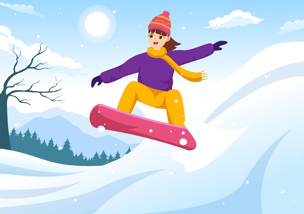Illustration De Snowboard Avec Des Personnes Glissant Et Sautant Sur Le Flanc De La Montagne Enneigée Ou La Pente à L'intérieur