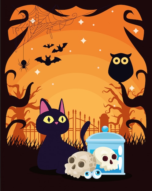 Illustration sombre Halloween avec chat noir