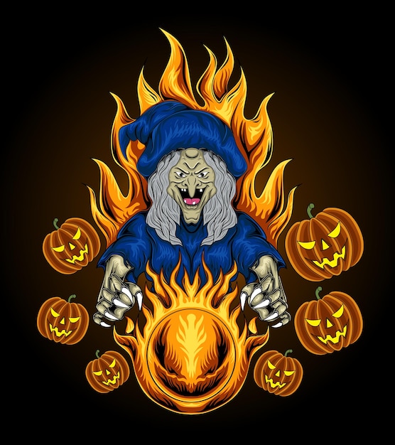 Illustration D'une Sorcière Avec Une Boule De Feu à La Main. Notion D'halloween