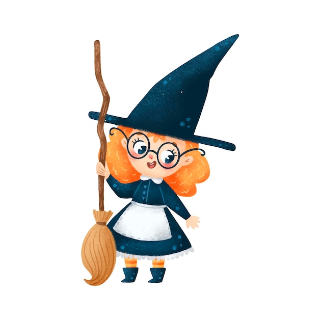 Illustration de la sorcière d'halloween dessin animé mignon avec manche à balai isolé sur fond blanc