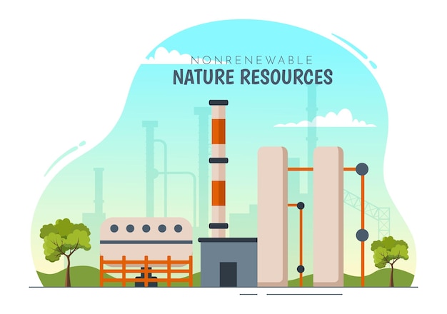 Illustration de sources d'énergie non renouvelables avec des ressources naturelles dans des modèles dessinés à la main de dessins animés