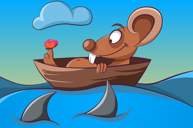 Illustration de souris, papillon, bateau et mer.