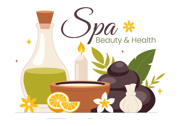 Illustration de Spa Beauty and Health mettant en vedette des cosmétiques naturels et des produits respectueux de l'environnement pour les traitements problématiques de la peau ou du visage chez les femmes