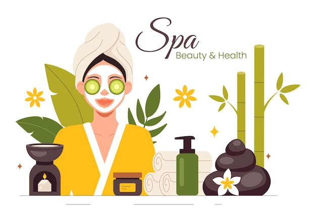 Illustration de Spa Beauty and Health mettant en vedette des cosmétiques naturels et des produits respectueux de l'environnement pour les traitements problématiques de la peau ou du visage chez les femmes