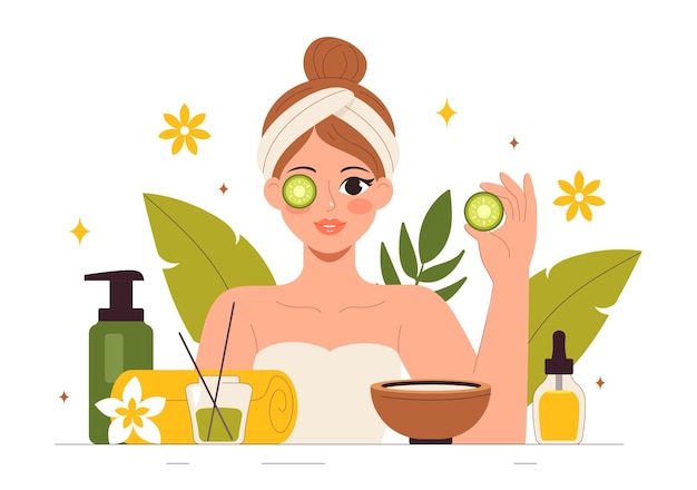 Illustration de Spa Beauty and Health mettant en vedette des cosmétiques naturels et des produits respectueux de l'environnement pour les traitements problématiques de la peau ou du visage chez les femmes