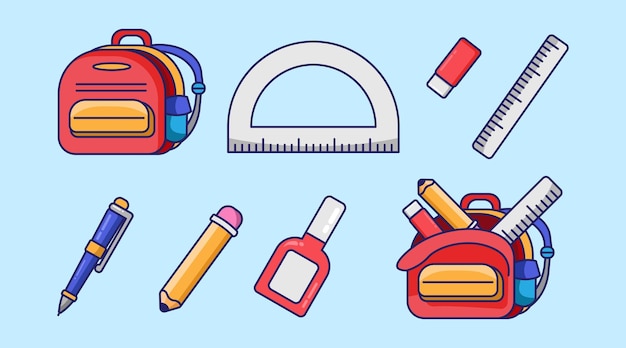 Illustration stationnaire étudiante Retour à l'école Set de dessins animés