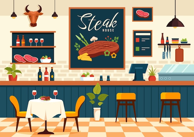 Illustration d'un steakhouse avec un restaurant qui fournit de la viande grillée juteuse pour le barbecue