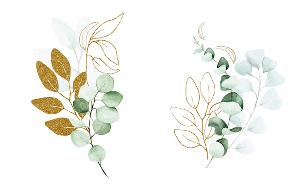 illustration stock ensemble de feuilles d'eucalyptus peintes à l'aquarelle et à l'or brillant scintillant