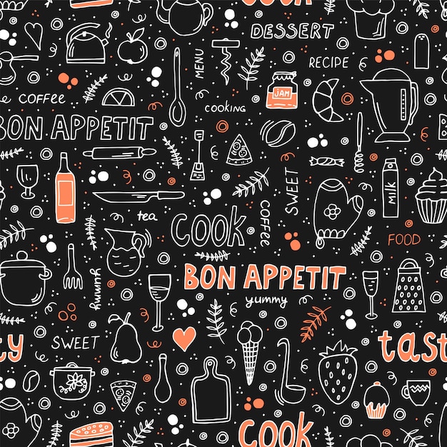 Vecteur illustration de style doodle avec des aliments et des ustensiles de cuisine. modèle sans couture avec différents symboles.