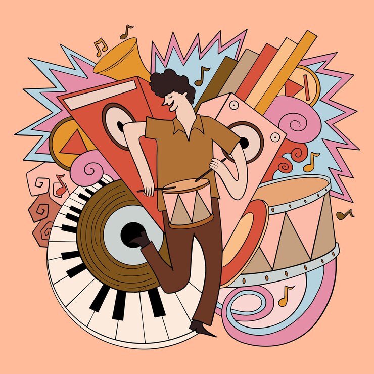 Illustration de style doodle musique dessinés à la main 90 s éléments de fête de musique rétro vecteur d'affiche d'événement