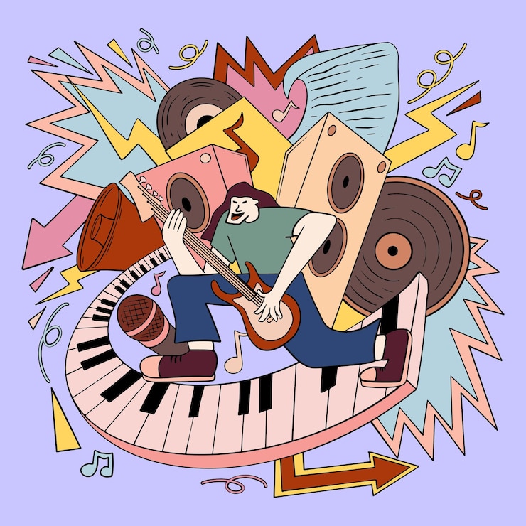 Illustration de style doodle musique dessinés à la main 90 s éléments de fête de musique rétro vecteur d'affiche d'événement