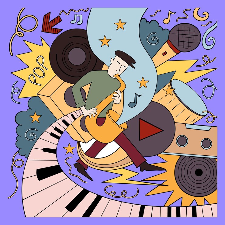 Illustration de style doodle musique dessinés à la main 90 s éléments de fête de musique rétro vecteur d'affiche d'événement