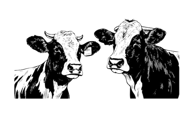 Vecteur illustration de style de gravure dessinée à la main de vecteur de deux vaches alpines