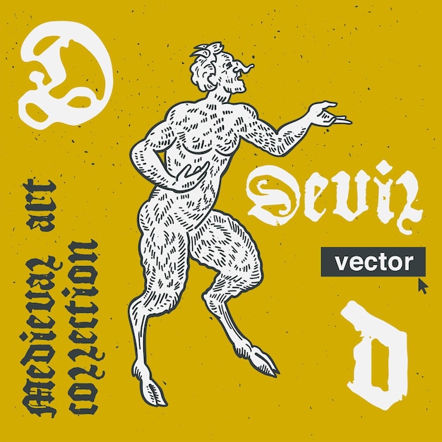 Vecteur illustration de style gravure vectorielle diable art médiéval avec calligraphie à la lettre noire