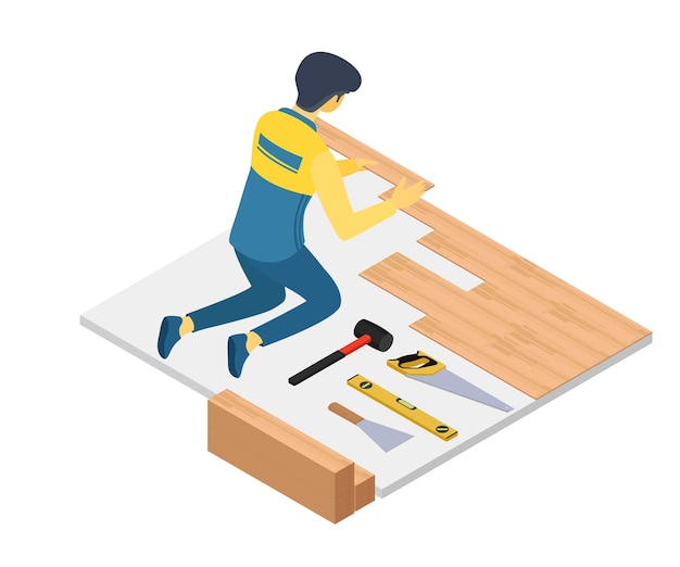 Illustration de style isométrique d'un artisan installant un sol en bois