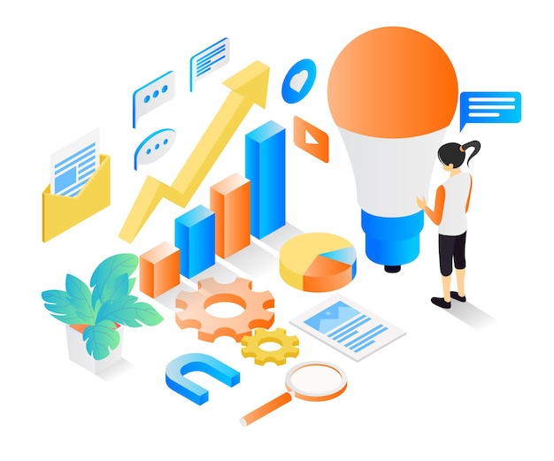 Illustration de style isométrique sur les idées de stratégie commerciale pour la croissance de l'entreprise
