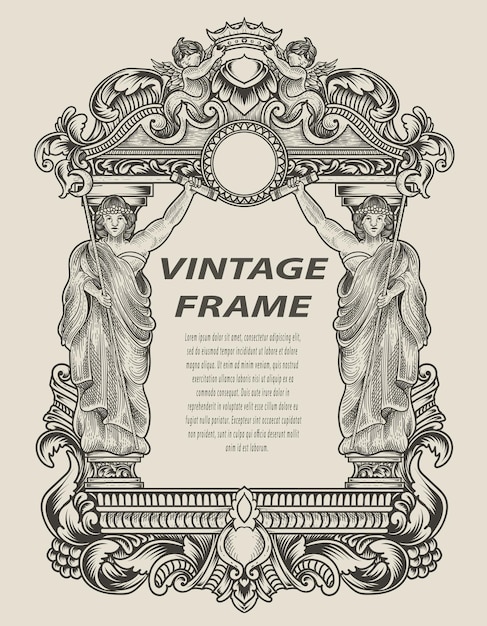 Vecteur illustration de style monochrome de cadre de gravure antique