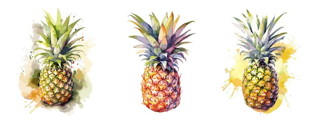 Illustration de style de peinture à l'aquarelle à l'ananas Ensemble vectoriel