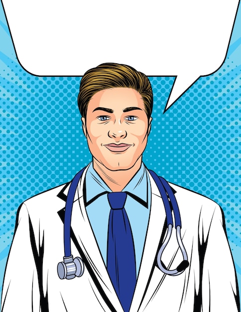 Illustration Style Pop Art Coloré. Portrait D'un Médecin De Sexe Masculin En Uniforme Blanc. Médecin Avec Un Stéthoscope Autour Du Cou.